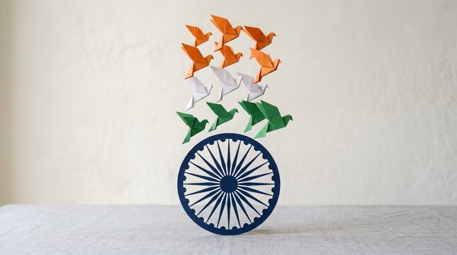 Origami paper birds in saffron white and green colors flying above blue paper wheel craft decoration concept symbolising freedom peace and national pride against neutral backdrop.