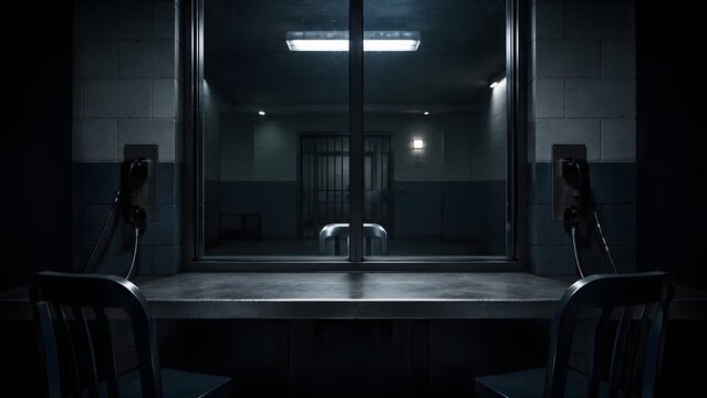 The interrogation room is dark and ominous, with two chairs facing a table and a large window. The room appears empty but has a sense of tension and suspense
