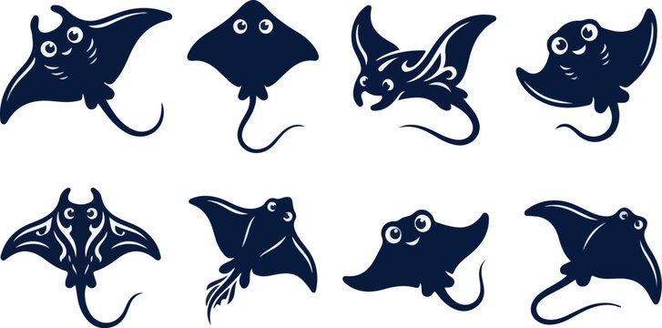Dark blue manta ray and stingray swimming silhouettes vector set