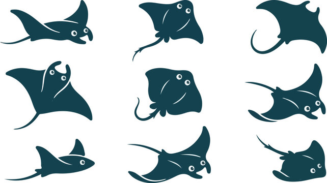 Dark teal stingray and manta ray swimming poses silhouette set