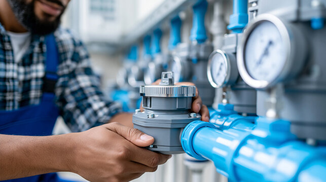 Faceless plumbing engineer investigating faulty water usage meter while isolating water meter for planned preventative maintenance and compliance check, water metering concept,