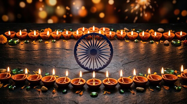 Diwali festival background with illuminated oil lamps, diyas, flower petals, and Ashoka chakra emblem on dark stone surface with festive bokeh lights.
