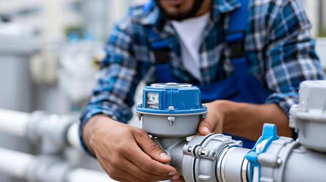 Faceless plumbing engineer investigating faulty water usage meter while isolating water meter for planned preventative maintenance and compliance check, water metering concept,