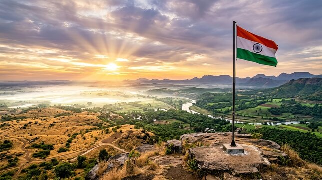 Indian flag on mountain top against stunning sunrise with sprawling green landscape and misty valleys below a cloudy sky.