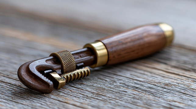 Isolated antique monkey wrench in wood and brass finish for old world charm appeal representing vintage plumbing tools, heritage tools concept, product photography, blurred