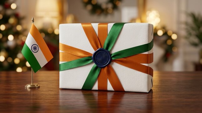 Tricolor ribbons wrap gift box in India's national colors orange green blue seal Indian flag on table Christmas tree background festive celebration.