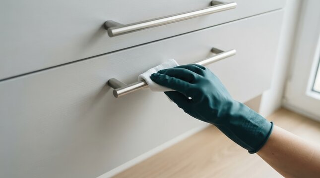 Person wearing green rubber glove cleaning metal cabinet handle with white cloth for home hygiene and sanitization