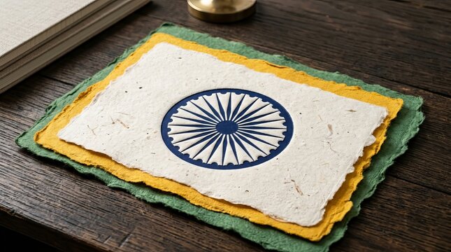 Indian national emblem Ashoka Chakra embossed on handmade paper stacked vibrant yellow green white textured sheets wooden table dark background.