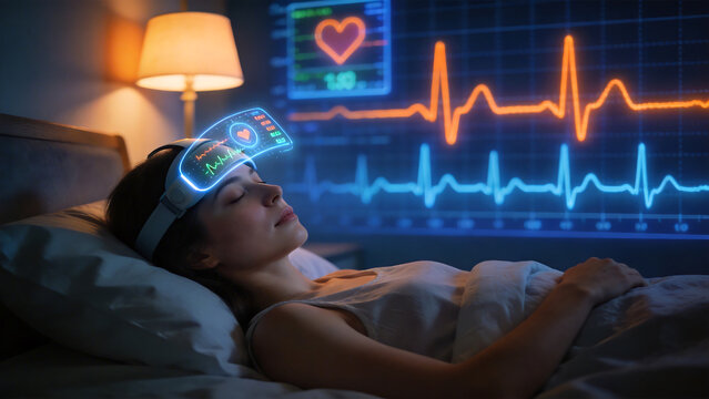 Woman sleeping with health monitoring device