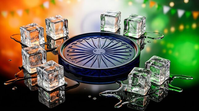 Stunning blue ashoka chakra emblem surrounded by melting ice cubes on reflective black surface creating vivid contrast against colorful blurred background celebrating indian spirit.