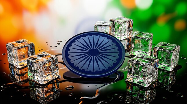 Stunning blue ashoka chakra emblem surrounded by melting ice cubes on reflective black surface creating vivid contrast against colorful blurred background celebrating indian spirit.