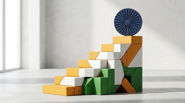 Wooden blocks arranged in stair shape with colors of indian flag and ashoka chakra symbol on top representing national growth and progress in bright modern indoor environment.