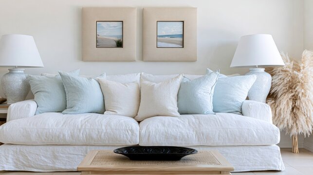 White linen sofa with light blue throw pillows