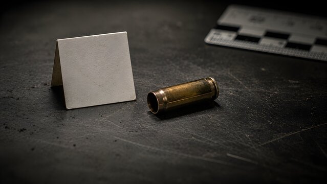 Crime scene evidence: a brass bullet casing and a white evidence marker are placed on a dark surface with a ruler in the background.