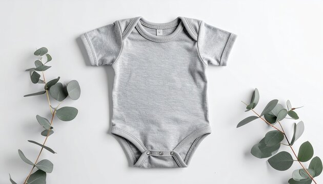 Grey baby romper mockup: A minimalist clothing template of a plain grey cotton baby romper flat on a solid white background.