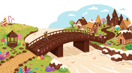 Fototapeta premium A whimsical candy land landscape featuring a chocolate bridge over a creamy river with gingerbread houses.