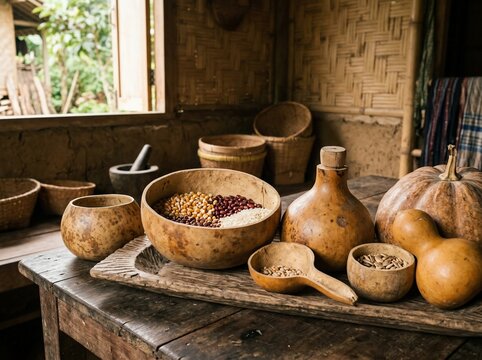 Traditional rustic kitchen with grains and vegetables in wooden bowls