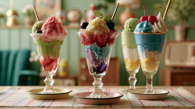 Colorful ice cream sundaes served in glass dishes on a table