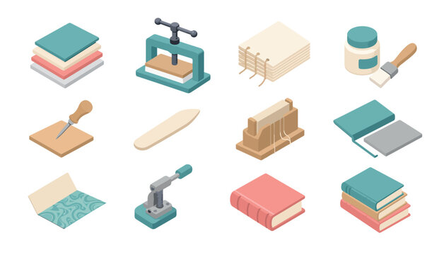 Colorful flat lay of bookbinding tools and supplies.