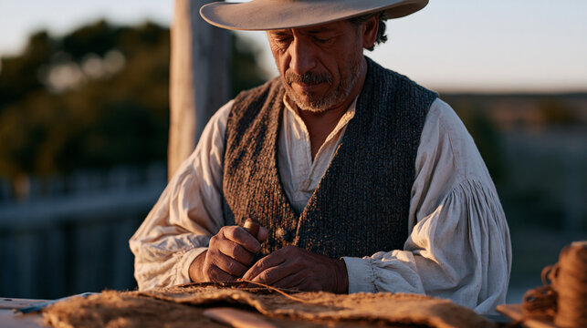 An Argentinian gaucho in traditional riding clothes repairs a broken saddle strap with an awl and waxed thread outside a barn at golden hour, rural craftsmanship, equestrian trade