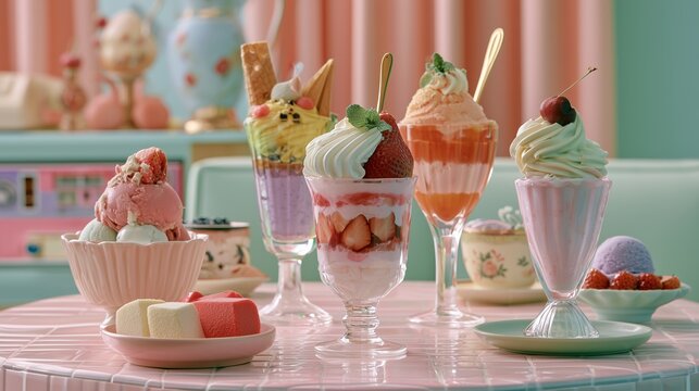 Sweet dessert display at a colorful cafe showcasing different ice cream and toppings