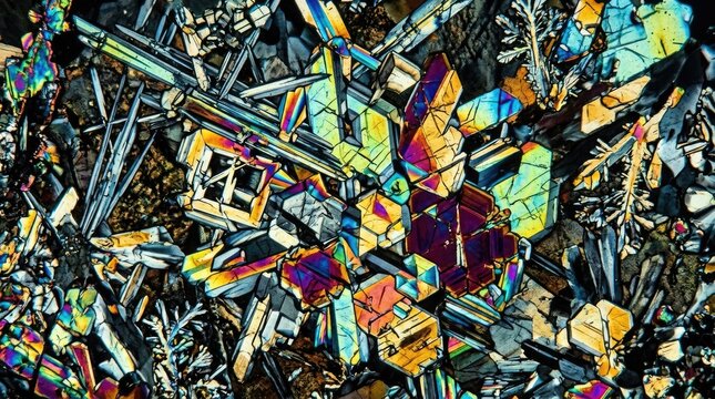 A photomicrograph reveals a dense, intricate arrangement of mineral crystals.