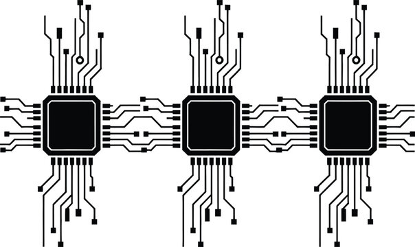 Series of three computer microprocessors connected by circuit board lines for high technology digital systems and hardware network designs.