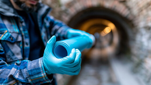 Faceless worker in blue rubber gloves installing flexible pipe liner inside old brick sewer tunnel for sewer rehabilitation, infrastructure maintenance concept, plumbing