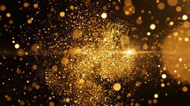 Golden and shiny particles dance and shimmer on a black background in a visual design export
