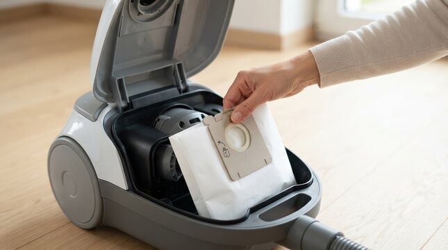 Person Replacing Vacuum Cleaner Dust Bag for Home Maintenance and Cleaning Routine