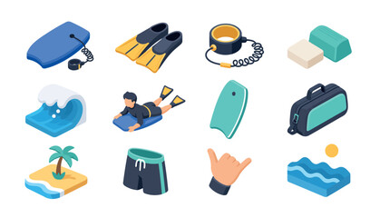Colorful summer beach and water sports equipment icons. © schism.studio