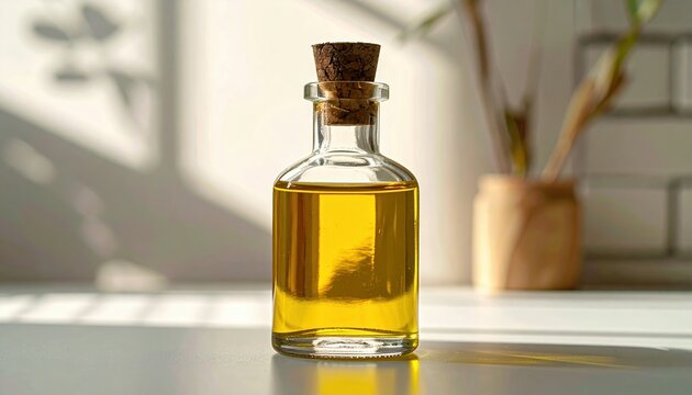 A clean commercial shot of a clear glass oil bottle with a cork stopper seal top
