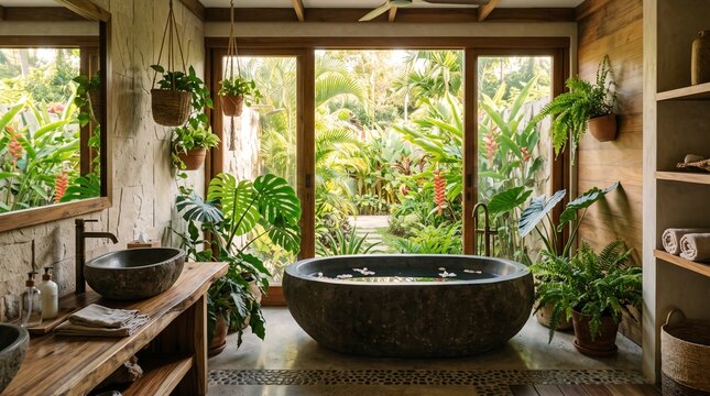 Luxurious Tropical Bathroom Sanctuary with Stone Bathtub and Lush Jungle View for Relaxing Spa Inspired Home Interior Design