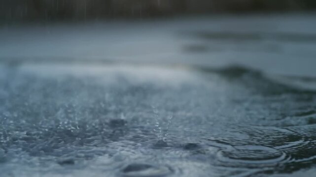Low-angle cinematic rain impacts calm water surface with crown splashes, overlapping ripples, drifting spray droplets, foam bubbles, and moody reflective texture