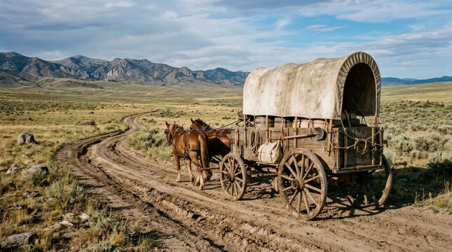 A weathered covered wagon travels along a dusty dirt road through a vast, arid landscape. Two horses pull the wagon, and a driver is visible inside.