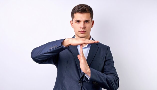 A serious young businessman using his hands to make a strict timeout sign, indicating a necessary break, isolated on white.