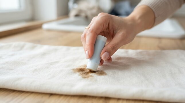 Person using a stain remover stick on white fabric to clean a spot, household laundry care and clothing maintenance concept
