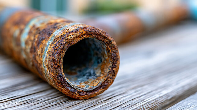 Close-up of reddish rust and scale inside corroded metal pipe with heavy oxidation on wooden workbench, pipe corrosion concept, plumbing photography, blurred wooden background,