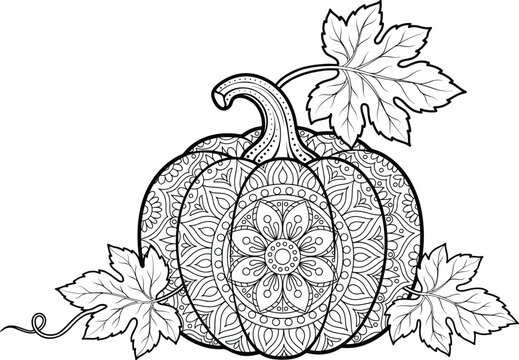 Pumpkin with mandala patterns and autumn leaves, black and white line