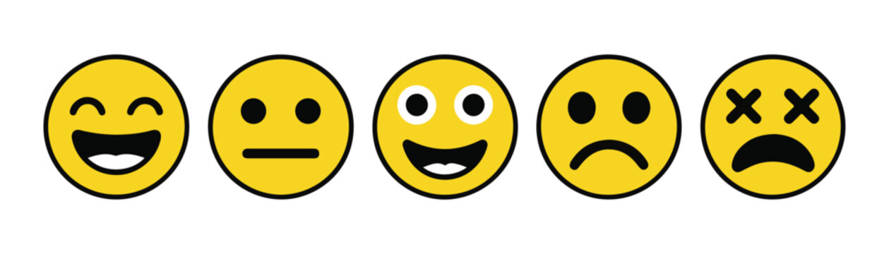 Various yellow smiley faces displaying diverse emotions and moods with black outlines.