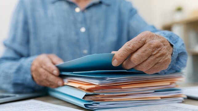 An elderly person carefully organizing a stack of colorful folders on a wooden desk with focused hands