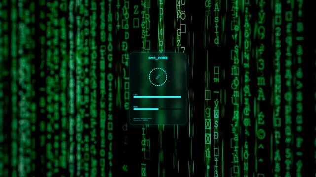 Digital System Core UI Overlay on Green Matrix Code Background