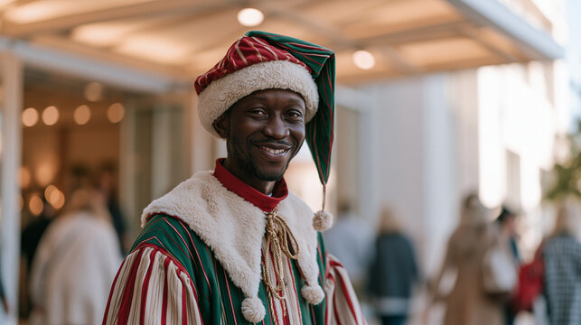 Customer greeter in festive seasonal uniform welcoming shoppers outside a large retail entrance, warm overhead canopy light, Thanksgiving week foot traffic, hospitality in retail,