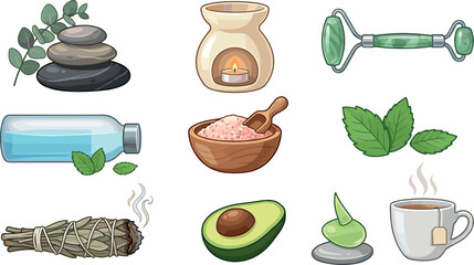 Spa and Wellness Icons Set with Hot Stones Jade Roller Sage Smudge Salt Scrub Avocado and Herbal Tea Vector Illustration Bundle for Self Care © MstLaily
