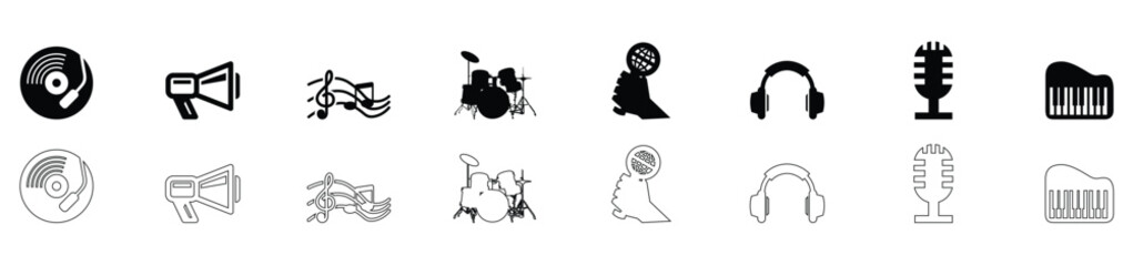 Music Audio Vector Icons. Set of musical instruments icons with instrument saxophone microphone playback symbols and sound elements, vector illustration. © Bakhtawar