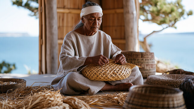 Maori basketry weaver sitting cross-legged on a coastal workshop floor, hands working dried harakeke flax into an intricate kete pattern, natural materials around her, Indigenous