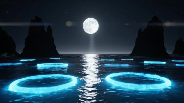 Glowing neon rings floating on moonlit ocean surface in cinematic 3D render for fantasy and music content