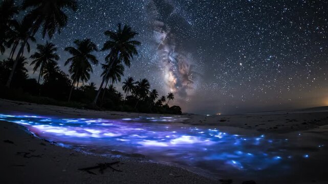 Bioluminescent waves glowing on tropical beach under milky way night sky for nature and travel content