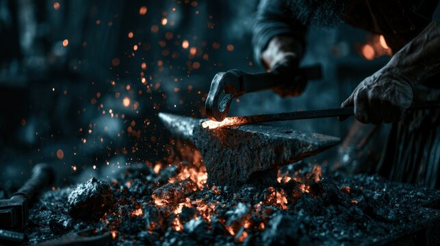 Skilled blacksmith hammering glowing hot metal on anvil creating sparks in dark industrial forge workshop with intense focus on craftsmanship and traditional metalwork