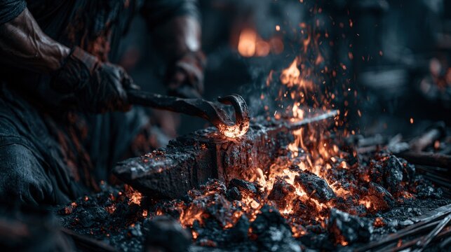 Close-up of blacksmith forging glowing hot metal on anvil with hammer, sparks flying in dimly lit workshop, showcasing traditional handcraft and skilled metalwork